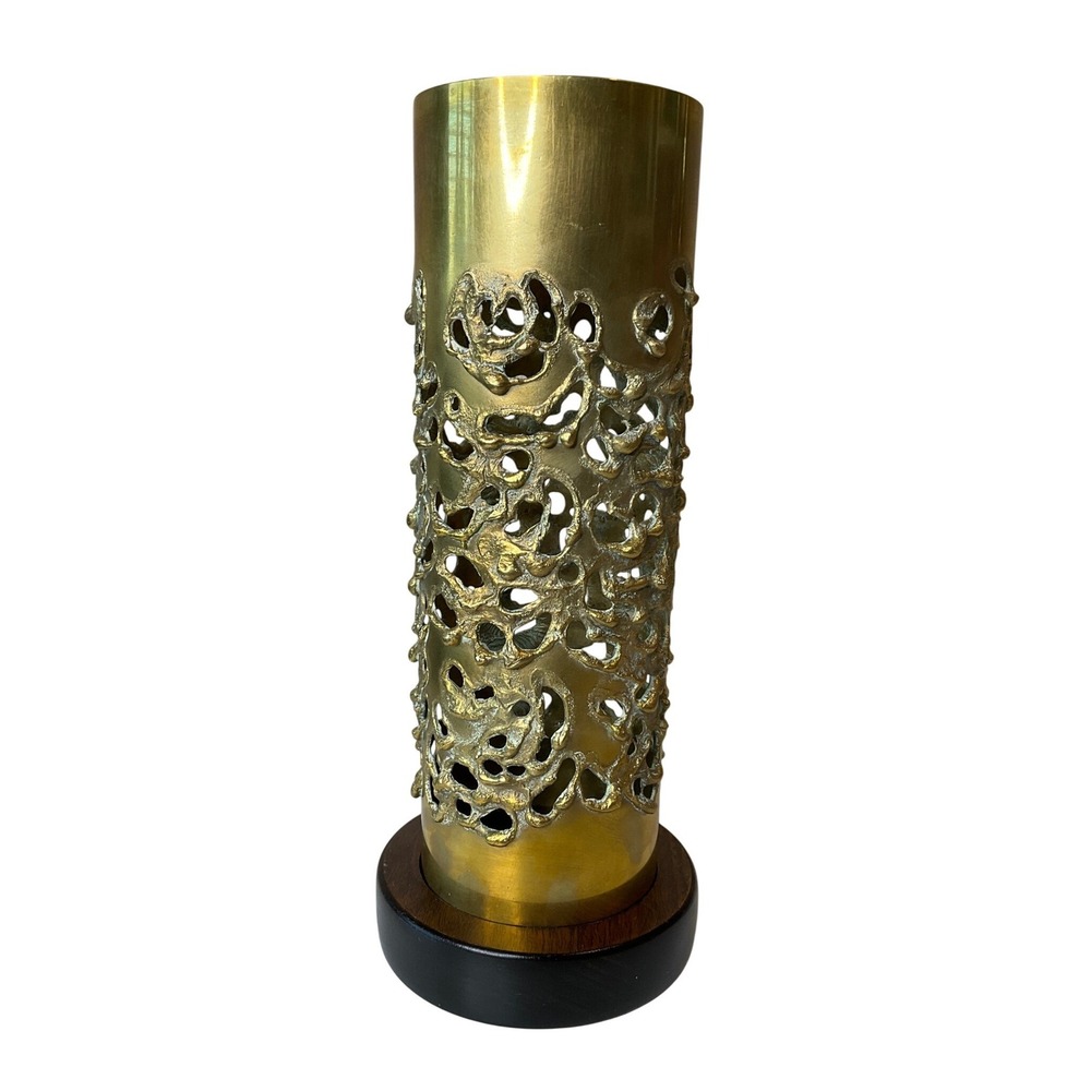 Vtg Robert Stanton Brutalist Brass Candle Holder Cover Sculpted Welded Wood Base